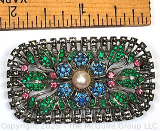 Victorian Sterling Silver Filigree with Bohemian Czech Glass Brooch 