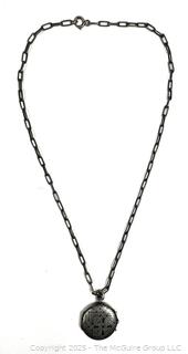 Art Deco Niello Black on Silver Locket on Link Chain