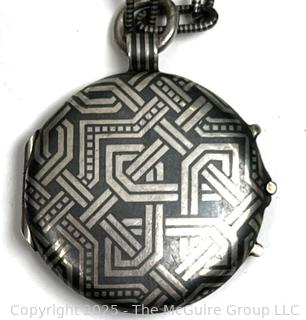 Art Deco Niello Black on Silver Locket on Link Chain