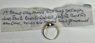 Victorian 14KT Gold "Milk Tooth" Ring with Note that Reads "Mom's Tooth Worn as Ring by Aunt Schroder Johns from Grandma". Size 4