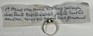 Victorian 14KT Gold "Milk Tooth" Ring with Note that Reads "Mom's Tooth Worn as Ring by Aunt Schroder Johns from Grandma". Size 4