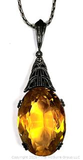 Art Deco Citrine Teardrop Gemstone Pendant Mounted in  830 Sterling Silver Surround on Chain Necklace