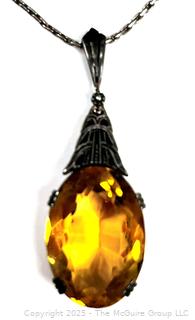 Art Deco Citrine Teardrop Gemstone Pendant Mounted in  830 Sterling Silver Surround on Chain Necklace