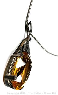 Art Deco Citrine Teardrop Gemstone Pendant Mounted in  830 Sterling Silver Surround on Chain Necklace