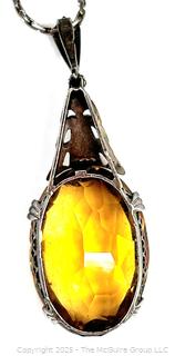 Art Deco Citrine Teardrop Gemstone Pendant Mounted in  830 Sterling Silver Surround on Chain Necklace