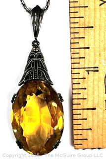 Art Deco Citrine Teardrop Gemstone Pendant Mounted in  830 Sterling Silver Surround on Chain Necklace