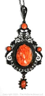 Victorian Carved Pink Cabochon Coral Cameo in 800 Sterling Silver, Scroll Work Surround Pendant