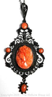 Victorian Carved Pink Cabochon Coral Cameo in 800 Sterling Silver, Scroll Work Surround Pendant