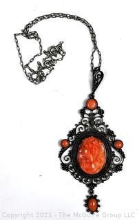 Victorian Carved Pink Cabochon Coral Cameo in 800 Sterling Silver, Scroll Work Surround Pendant