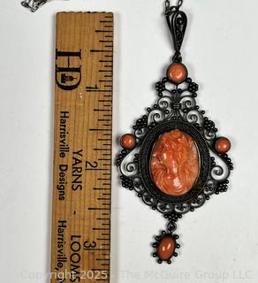 Victorian Carved Pink Cabochon Coral Cameo in 800 Sterling Silver, Scroll Work Surround Pendant