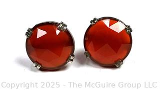 Faceted Cabochon Carnelian Gemstones Mounted in Sterling Silver Earrings. 