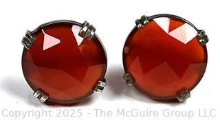 Faceted Cabochon Carnelian Gemstones Mounted in Sterling Silver Earrings. 