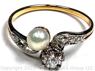 Diamond and Pearl Set in 18KT Gold Ring. Size 8