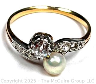 Diamond and Pearl Set in 18KT Gold Ring. Size 8