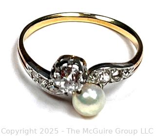 Diamond and Pearl Set in 18KT Gold Ring. Size 8