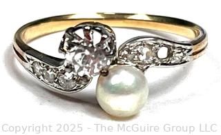 Diamond and Pearl Set in 18KT Gold Ring. Size 8