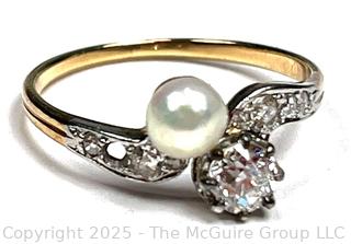 Diamond and Pearl Set in 18KT Gold Ring. Size 8