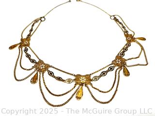 Gold Filigree Victorian Drapery Necklace. Unmarked