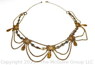 Gold Filigree Victorian Drapery Necklace. Unmarked