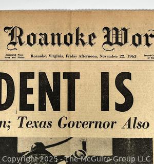 The Roanoke World-News Newspaper featuring President Kennedy’s Assassination in 1963