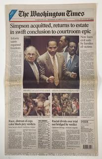 The Washington Times Newspaper from October 4, 1995 featuring OJ Simpson's acquittal 