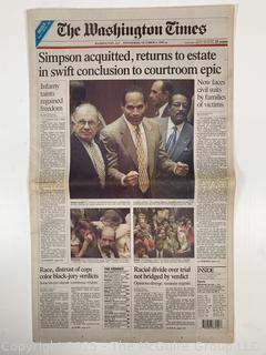 The Washington Times Newspaper from October 4, 1995 featuring OJ Simpson's acquittal 