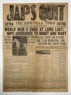 The Asheville Times Newspaper Japanese Surrender and the End of WWII August 14, 1945