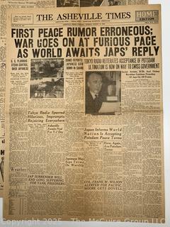 The Asheville Times Newspaper Japanese Surrender and the End of WWII August 14, 1945