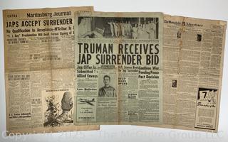 Three (3) Newspapers on WWII Japanese Surrender 1945