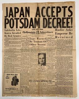 Three (3) Newspapers on WWII Japanese Surrender 1945