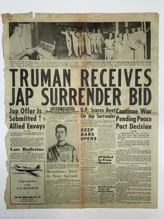 Three (3) Newspapers on WWII Japanese Surrender 1945