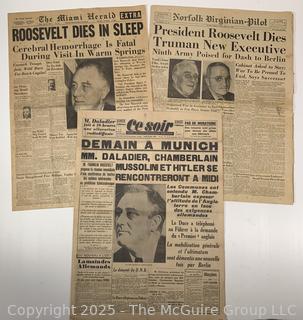 Three (3) Newspapers about President Roosevelt. One in French