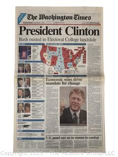 The Washington Times Newspaper reporting on President Clinton’s Electoral College Landslide in 1992