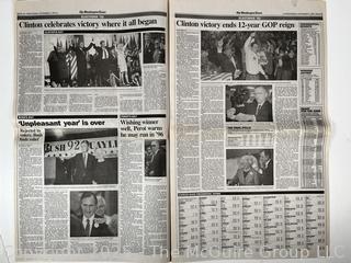 The Washington Times Newspaper reporting on President Clinton’s Electoral College Landslide in 1992