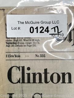 Two (2) 1992 The Washington Post Newspapers on 1992 Election of Bill Clinton 