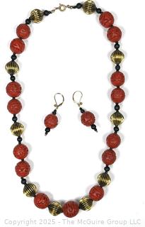 Carved Red Cinnabar with Black Glass Beads Necklace and Earrings