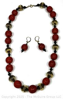 Carved Red Cinnabar with Black Glass Beads Necklace and Earrings