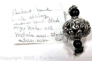 Pierced Sterling Silver Bead Pendant with Onyx Bead Accents