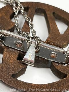 Carved Wood Brooch with Sterling Silver Findings and Chain