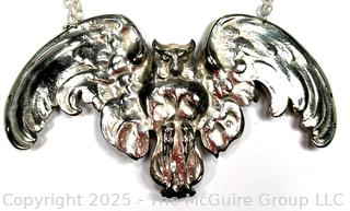 Oversized 19th Century Repousse Nickel Silver Owl Pendant on Sterling Silver Double Chain