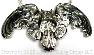 Oversized 19th Century Repousse Nickel Silver Owl Pendant on Sterling Silver Double Chain