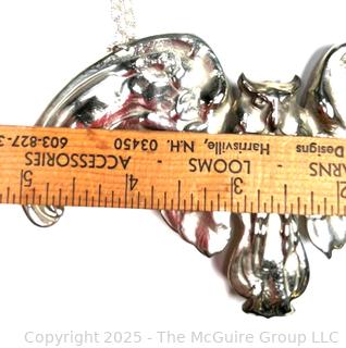 Oversized 19th Century Repousse Nickel Silver Owl Pendant on Sterling Silver Double Chain