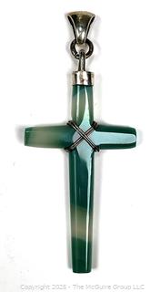 Green Banded Agate Crucifix Pendant with Sterling Silver Findings