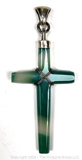 Green Banded Agate Crucifix Pendant with Sterling Silver Findings