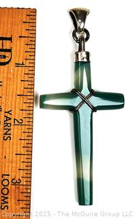 Green Banded Agate Crucifix Pendant with Sterling Silver Findings