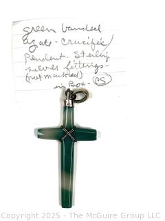 Green Banded Agate Crucifix Pendant with Sterling Silver Findings