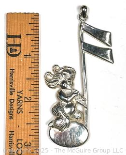 Sterling Silver Lanz Musical Note and Pan Playing Pipes Pendant. 3" long