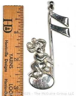 Sterling Silver Lanz Musical Note and Pan Playing Pipes Pendant. 3" long