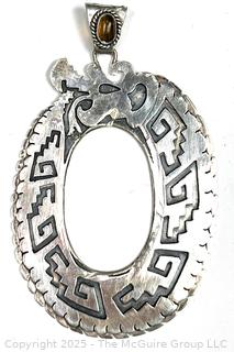 Sterling Silver Open Work Oval Pendant with Aztec Design, Made in Mexico and Signed by Artist. 