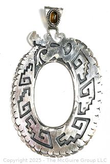 Sterling Silver Open Work Oval Pendant with Aztec Design, Made in Mexico and Signed by Artist. 